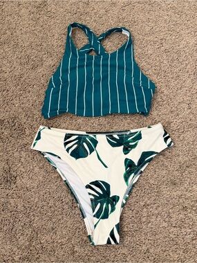 Cupshe Teal Striped Crop Bikini Top & White Tropical Leaf Bottom
